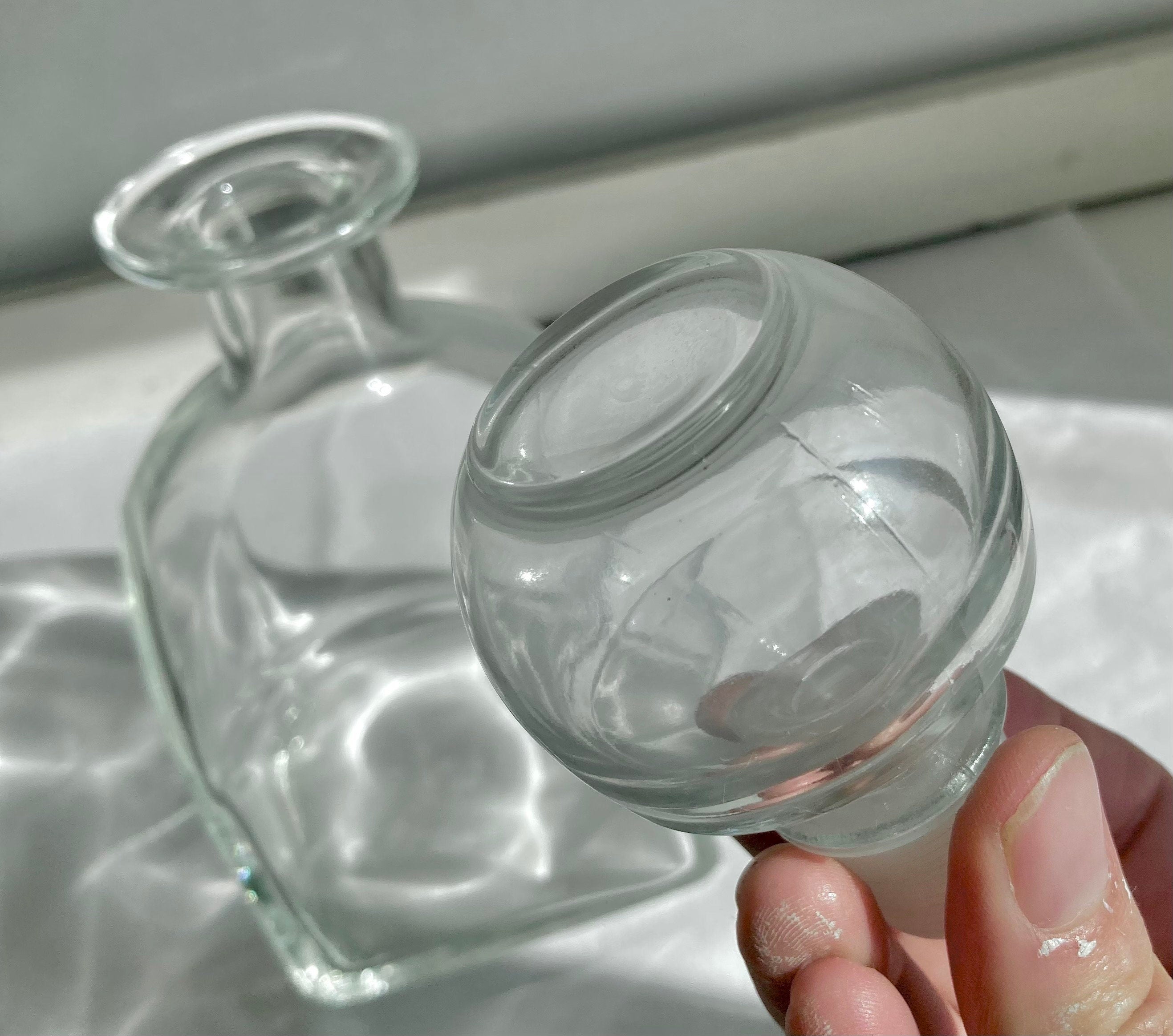 Vintage Glass Decanter with Hollow Glass Stopper, Squared base