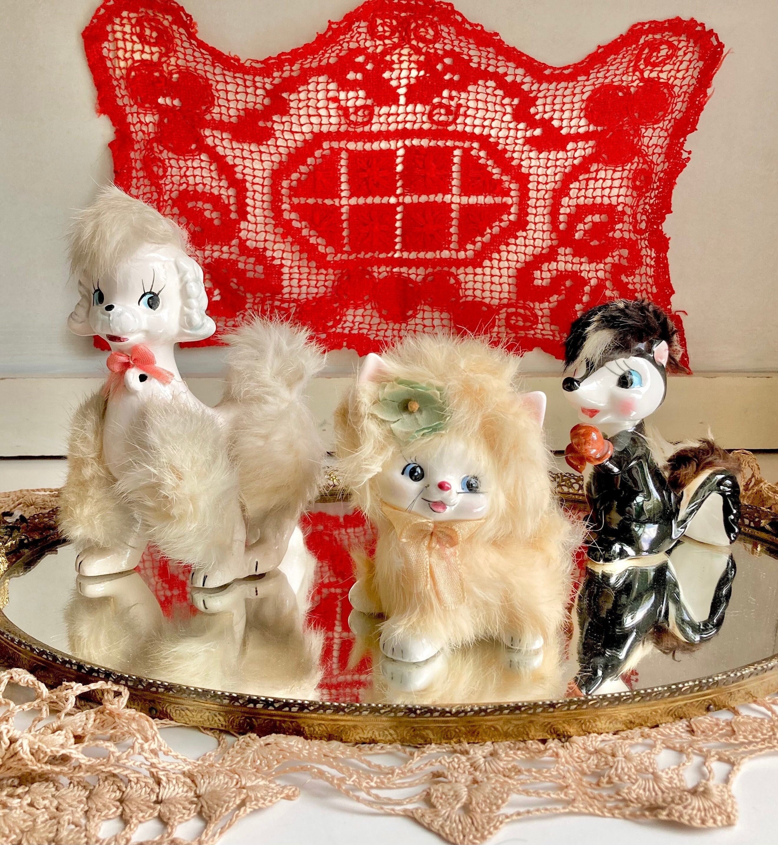 Midcentury Anthropomorphic Ceramic Dog, Cat, Skunk - Hand painted, applied Fur - Japan - Choose from 3