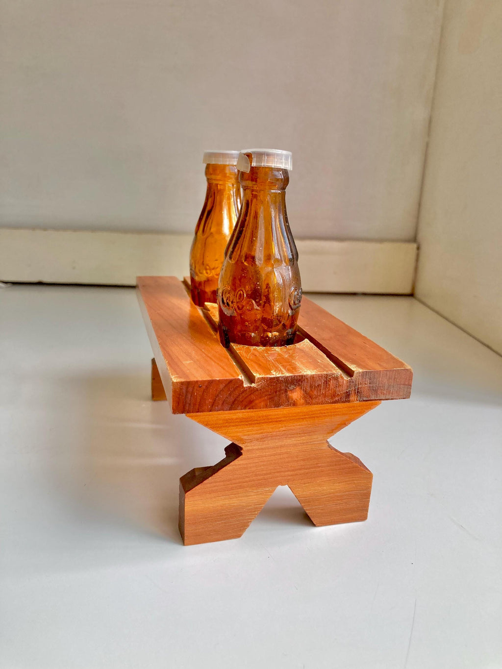 Vintage Salt and Pepper Shaker Set with Coca Cola Bottles and wooden Picnic Table