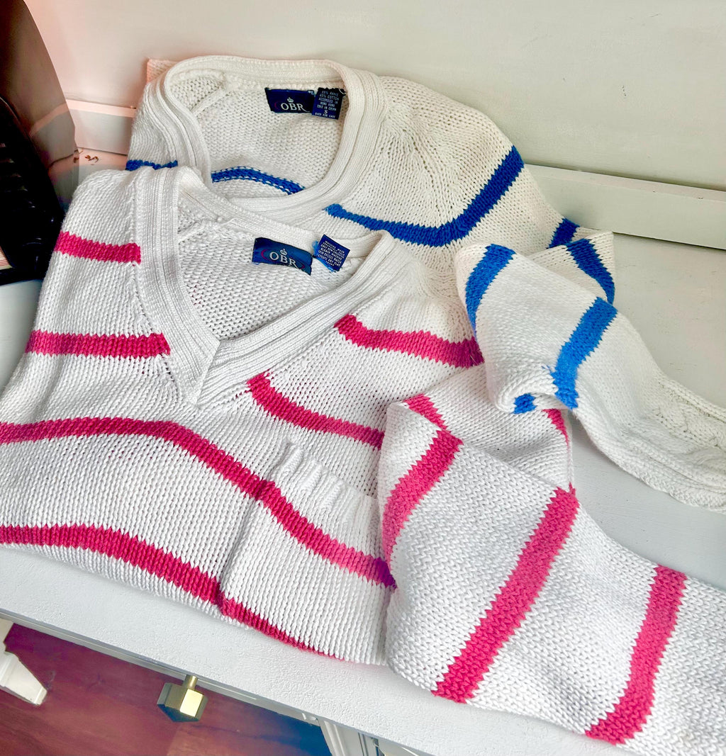Vintage 80s Striped Cableknit Cropped Sweater - OBR Knits Small