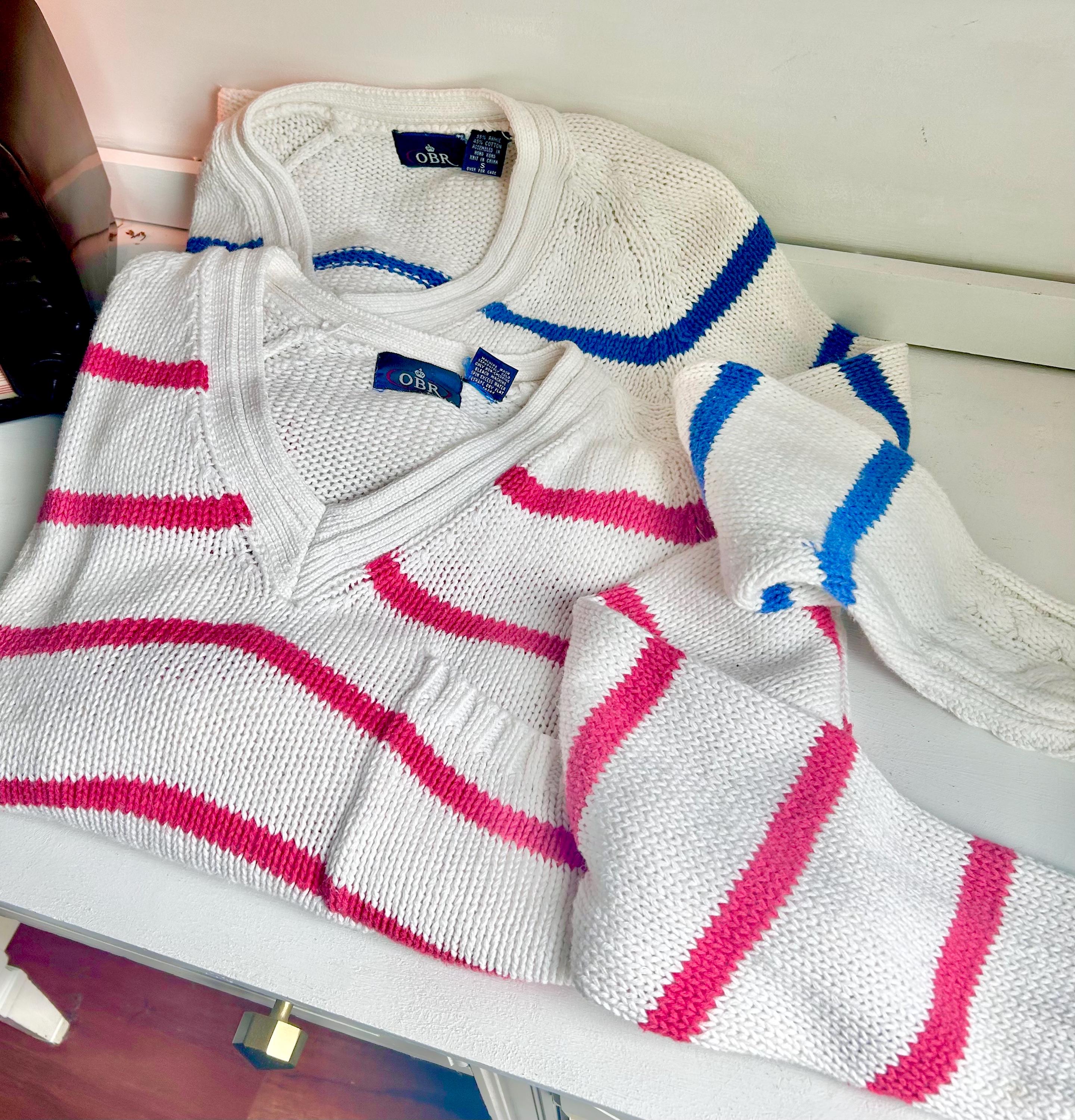 Vintage 80s Striped Cableknit Cropped Sweater - OBR Knits Small