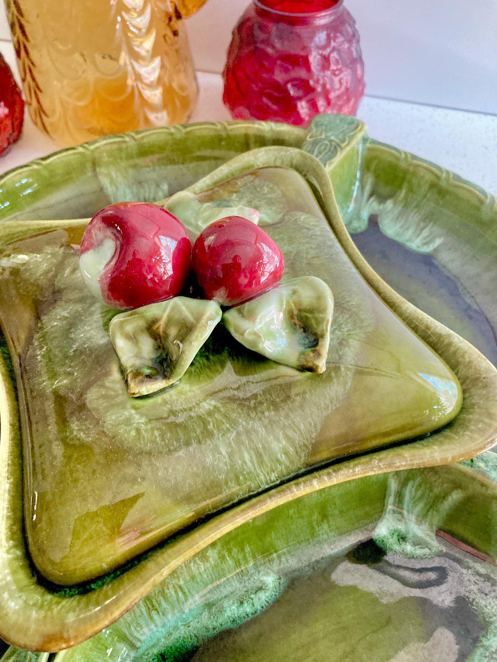 Vintage Wade Calif. Ceramics Party Platter: Apple Lidded Bowl Lazy Susan