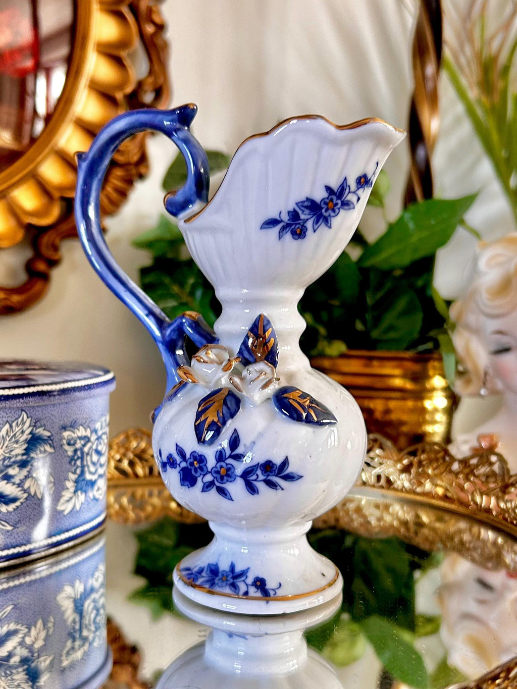 Vintage Brinns Blue and White Ceramic Ewer with Applied Roses