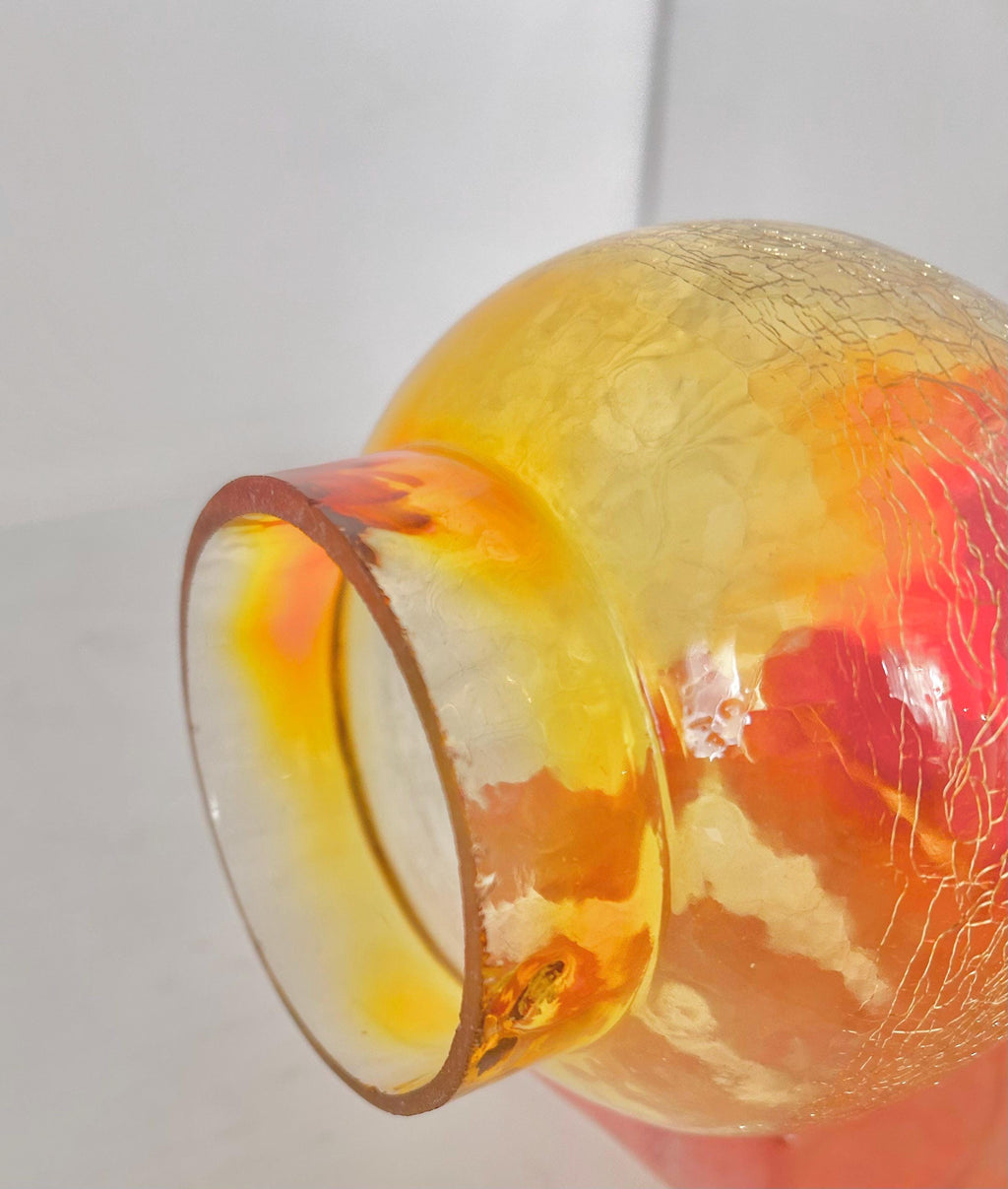 Vintage Amberina Crackle Glass Electric Hurricane Lamp: Brass Base, Ruffled Shade