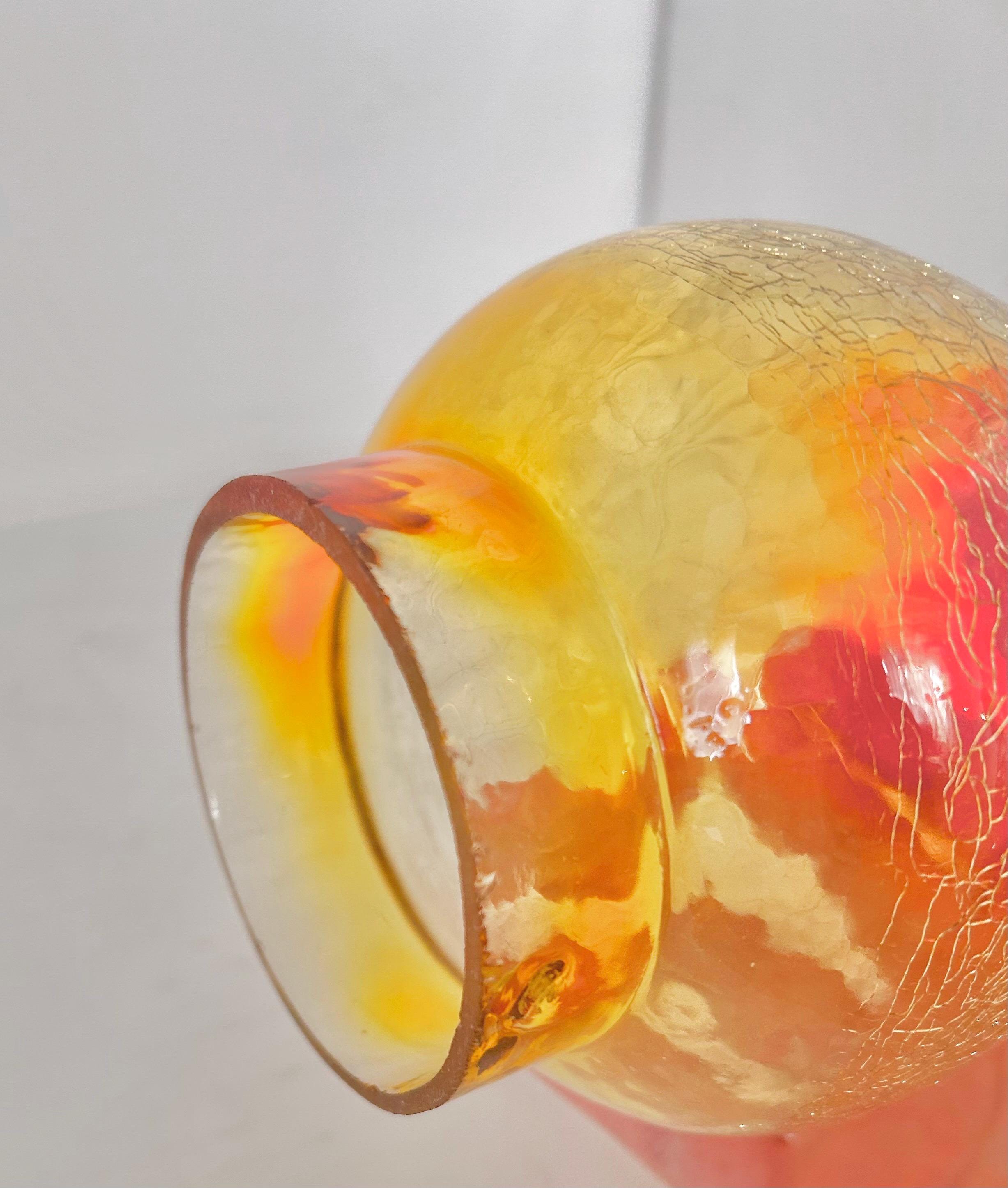 Vintage Amberina Crackle Glass Electric Hurricane Lamp: Brass Base, Ruffled Shade