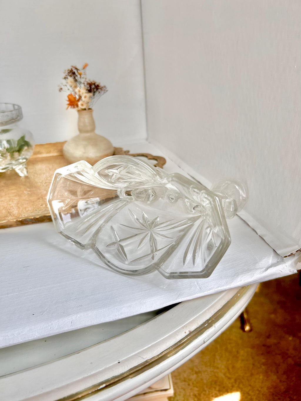 Vintage Anchor Hocking Prescut Double Candlestick Holder - Heavy Pressed Cut Clear Glass Candelabra