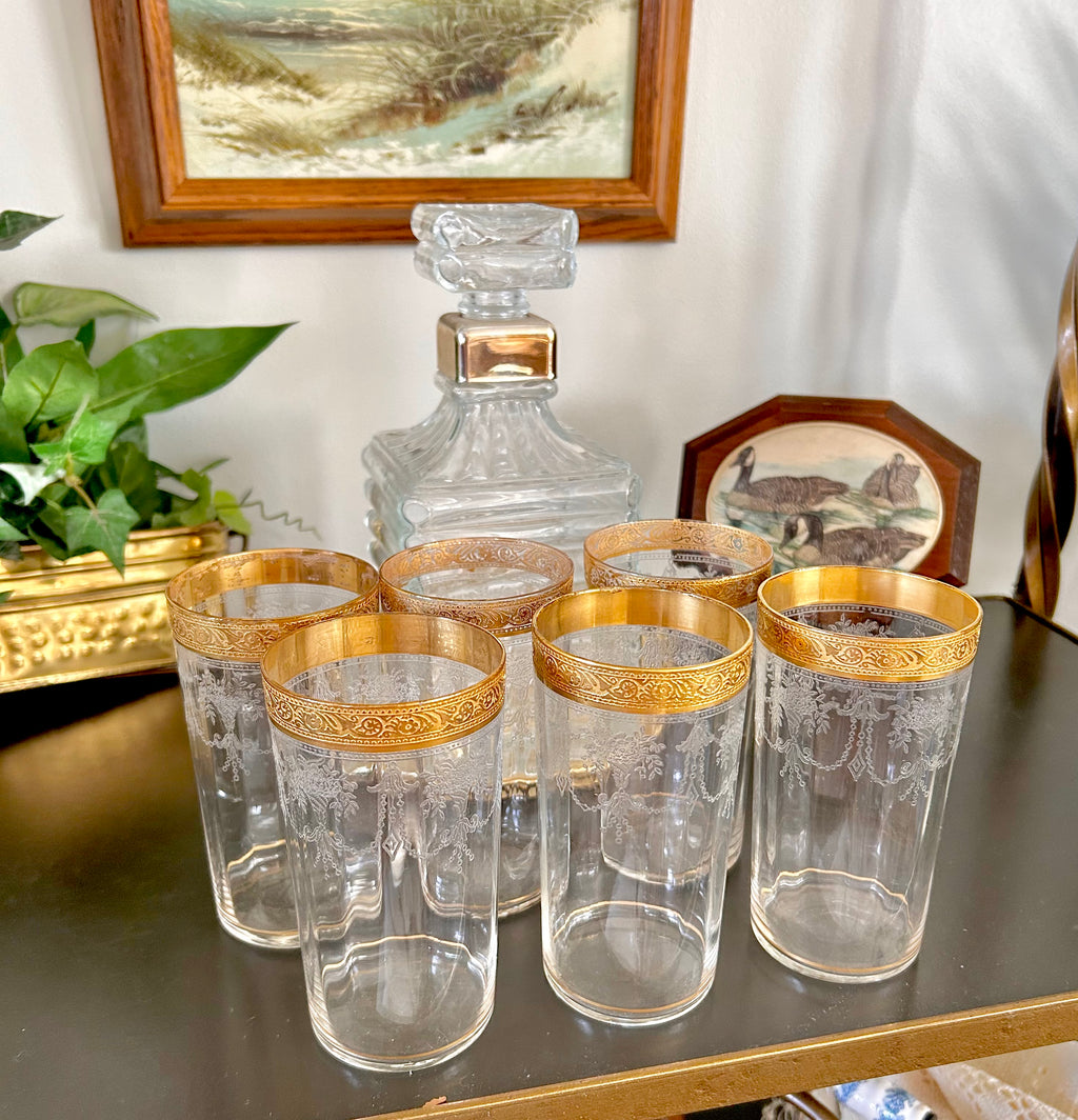 Midcentury Tiffin Ribbed Gilt Glass Tumblers set of 6