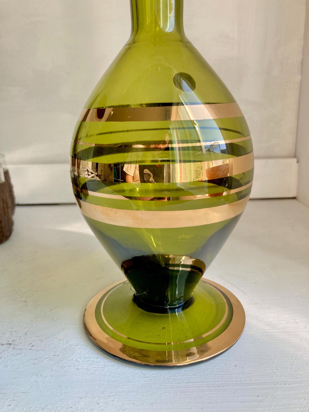 Vintage Blown Green Glass Decanter: Teardrop Stopper, Gold Trim