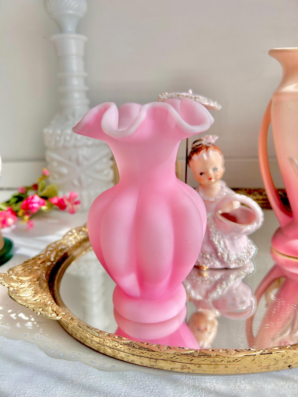 Vintage Fenton Pink Melon Vase: Satin Glass Ruffled Rim