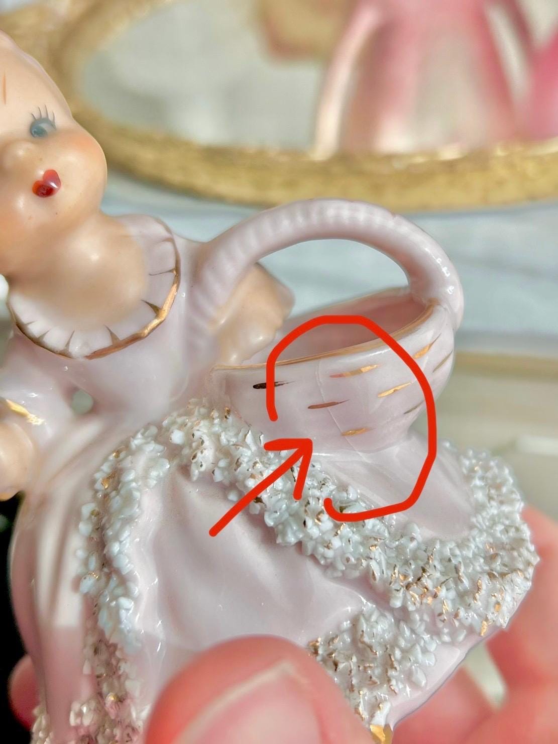 Vintage Spaghetti Porcelain Girl Figurine: Pink Dress, Parasol, Basket Vase (Hairline Crack)