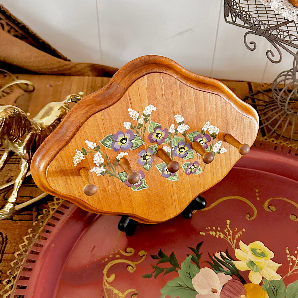 Small Vintage Wooden Wall Hanger with Handpainted Flowers