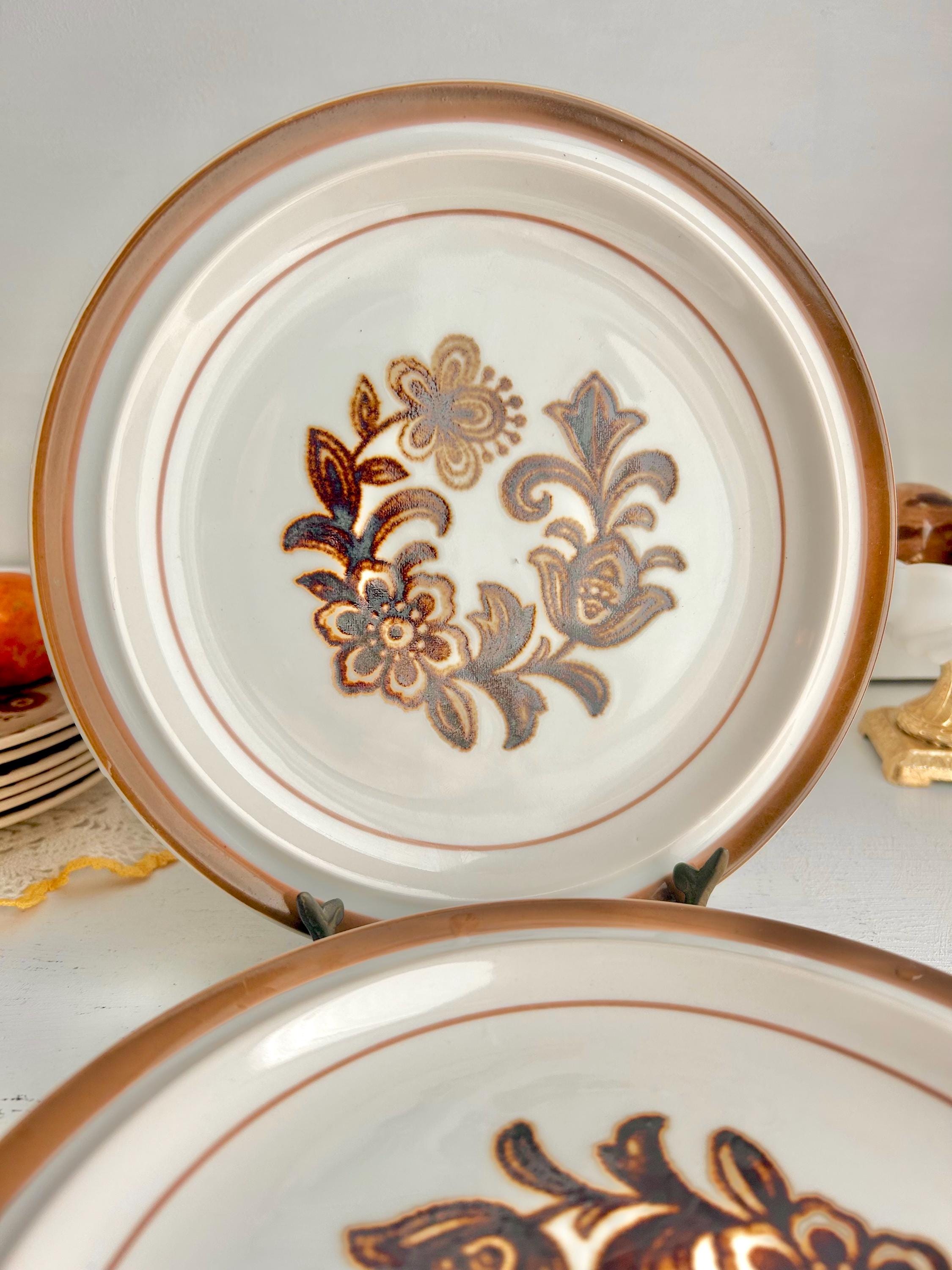 Vintage Stoneware Side Plates Set: Brown Floral Monterrey, Japan