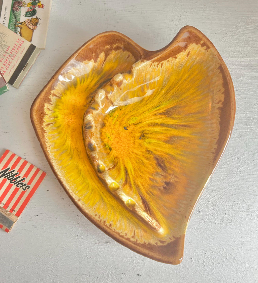 Vintage MCM Leaf Ashtray: Drip Glaze California Pottery