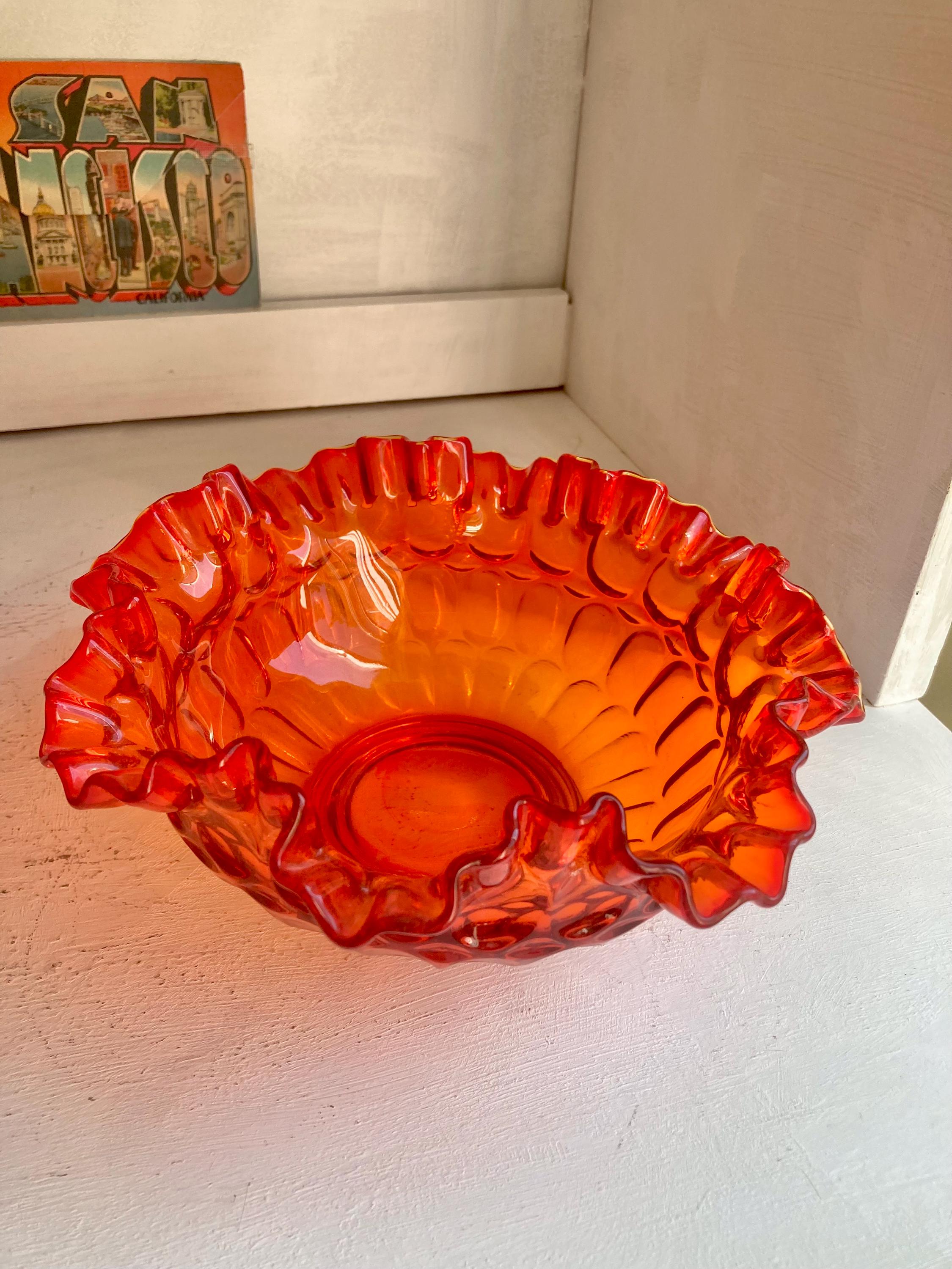 Vintage Fenton Amberina Glass Bowl: Red-Orange Ruffled Rim, UV Reactive