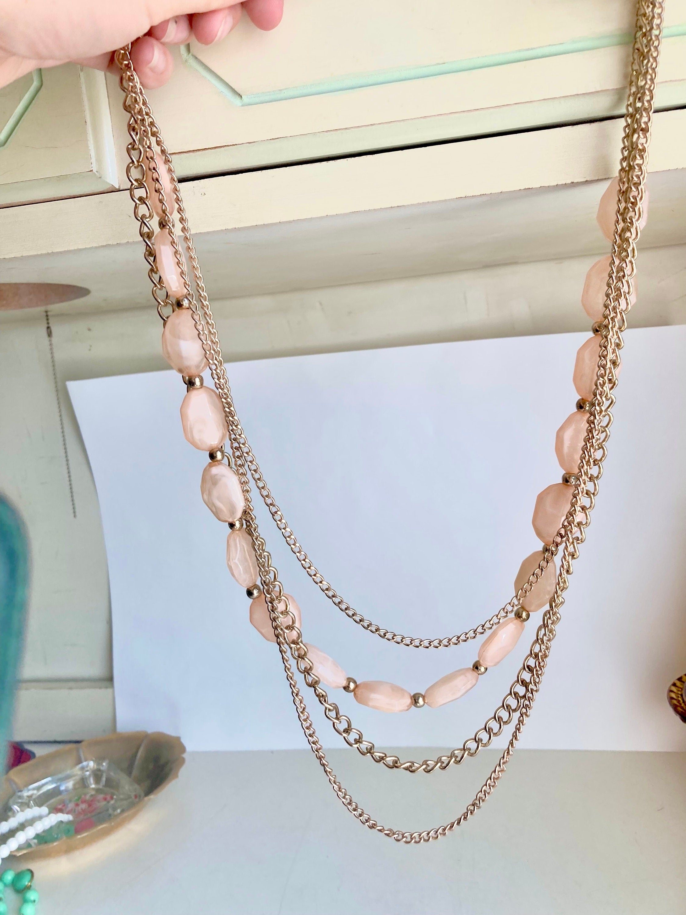 34" vintage Gold Tone Chain and Blush Pink Gem-Cut Beaded 4-Layered Necklace