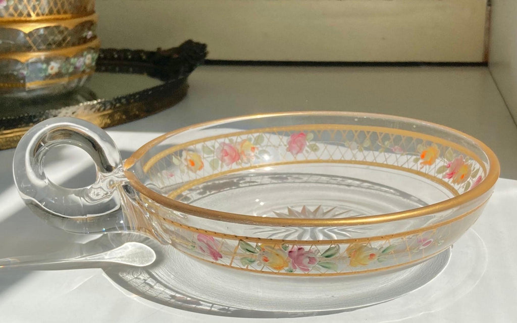Vintage Hand-Painted Floral Glass Dessert Set: Gilt Sunburst Bowls & Jar