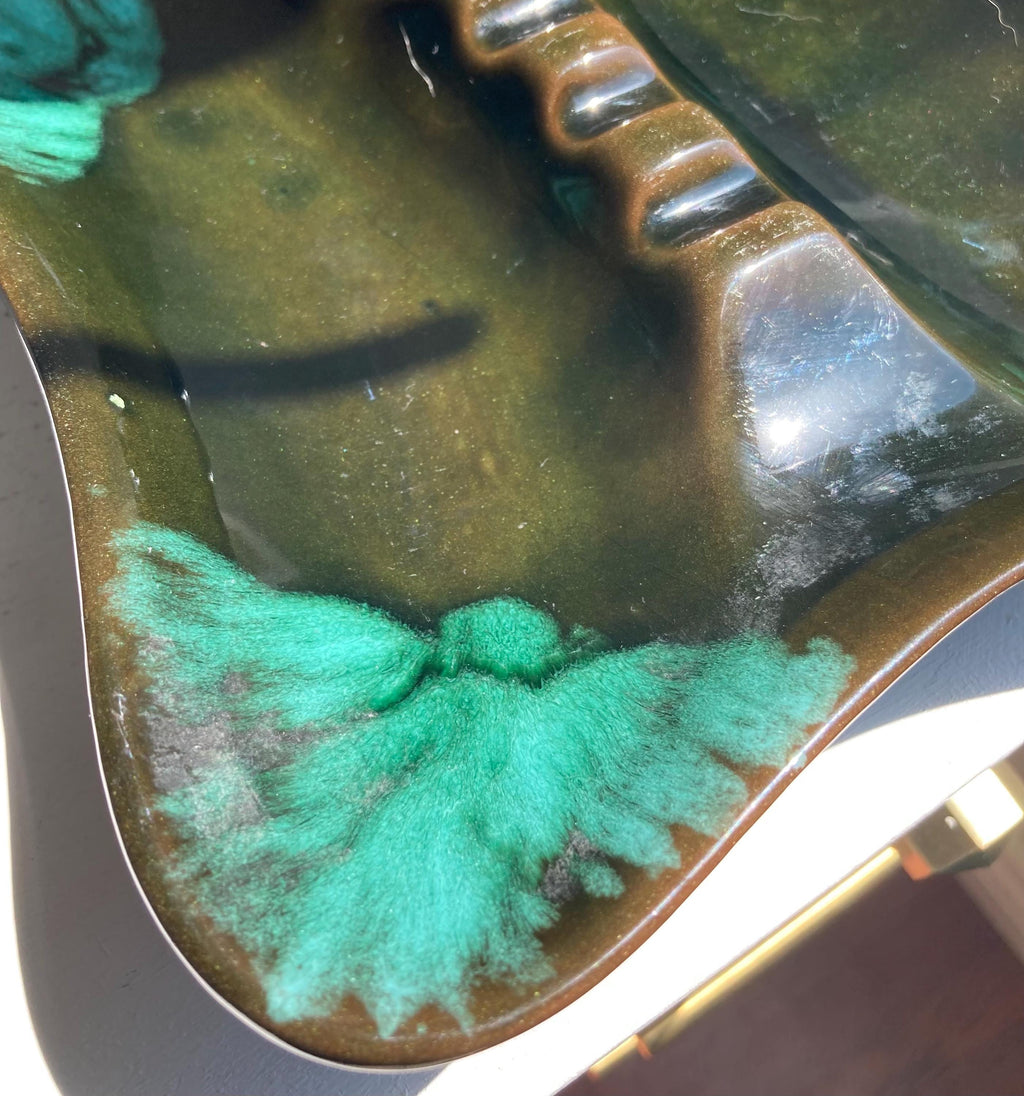 Vintage MCM Drip Glaze Ceramic Ashtray: Turquoise & Olive Green