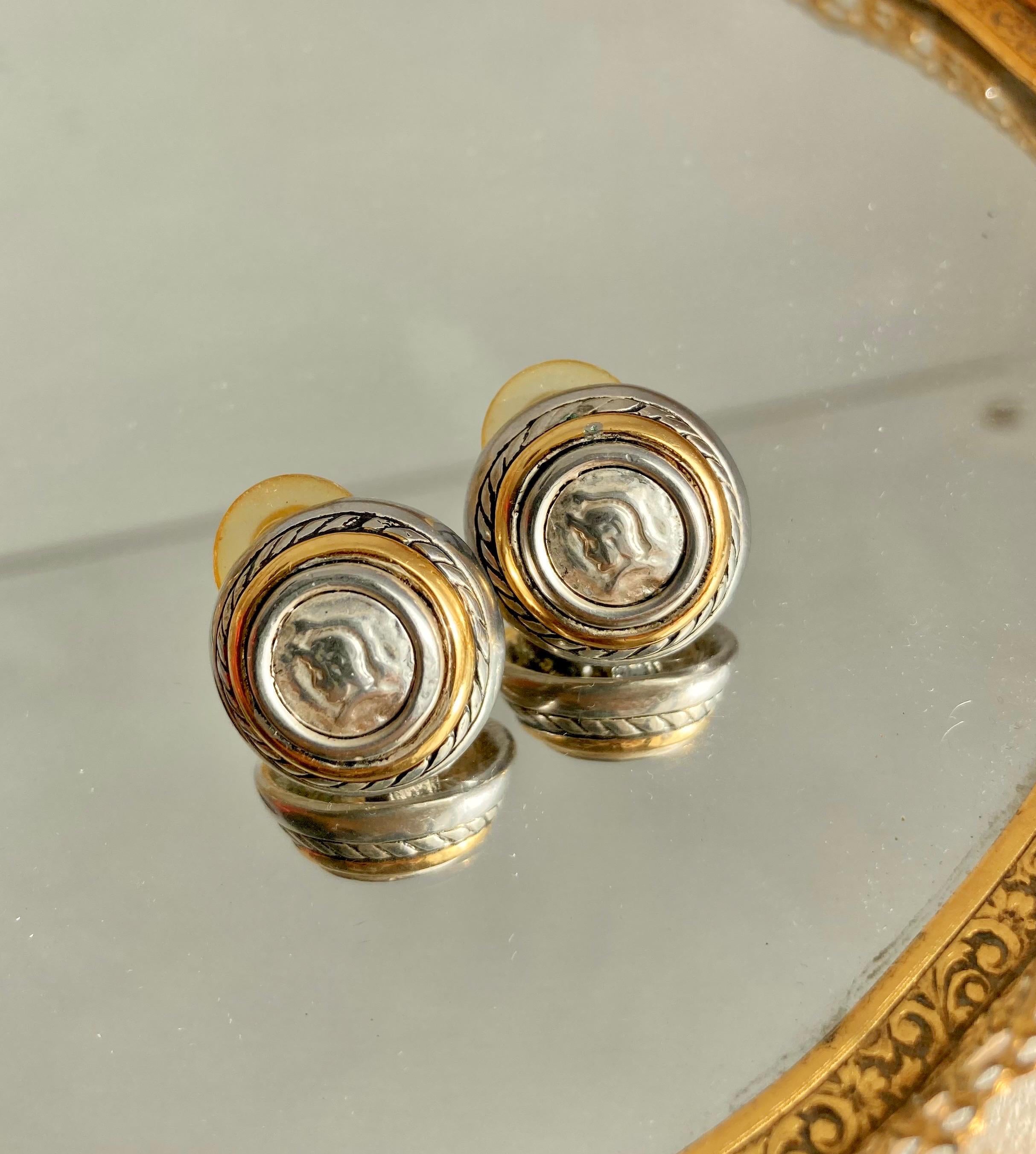 Vintage Roman-Coin-Button Gold and Silver Tone Blend Earrings for Pierced Ears
