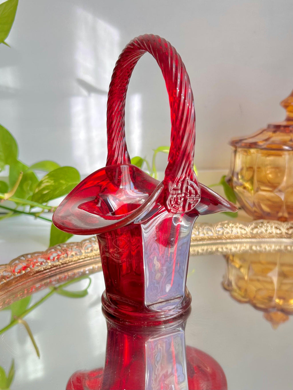 Vintage Fenton Ruby Red Glass Basket: Twisted Rope Handle, Paneled Design