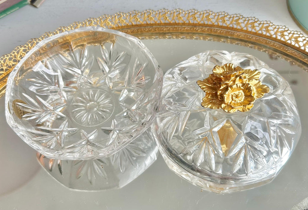 Vintage Italian Cut Crystal Trinket Dish: Gilt Floral Handle