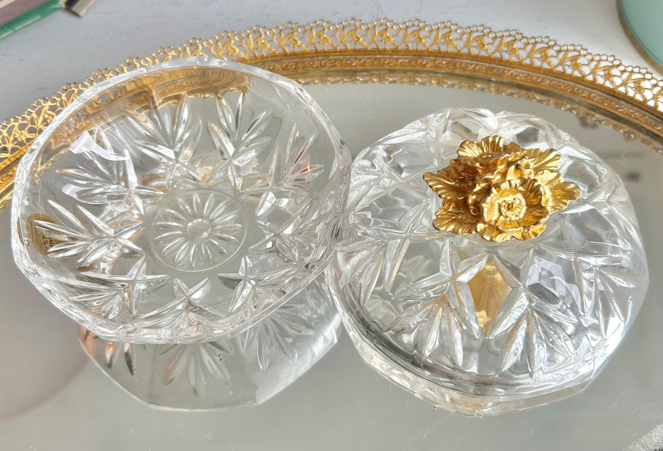 Vintage Italian Cut Crystal Trinket Dish: Gilt Floral Handle