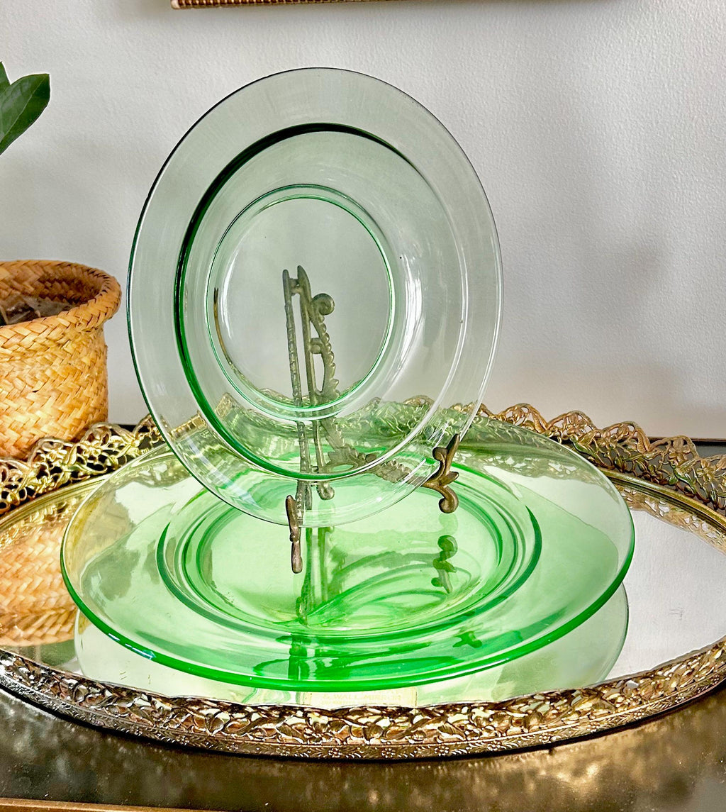 Vintage Uranium Green Heavy Pressed Glass Two-piece Dining Set