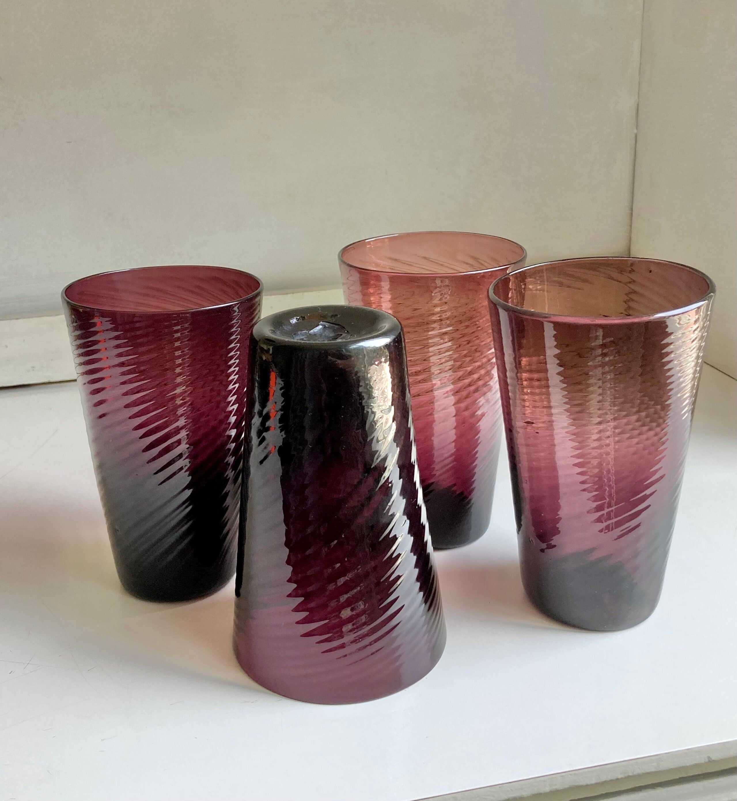 Vintage Hand Blown Amethyst Swirl Glass Tumblers - Set of 4