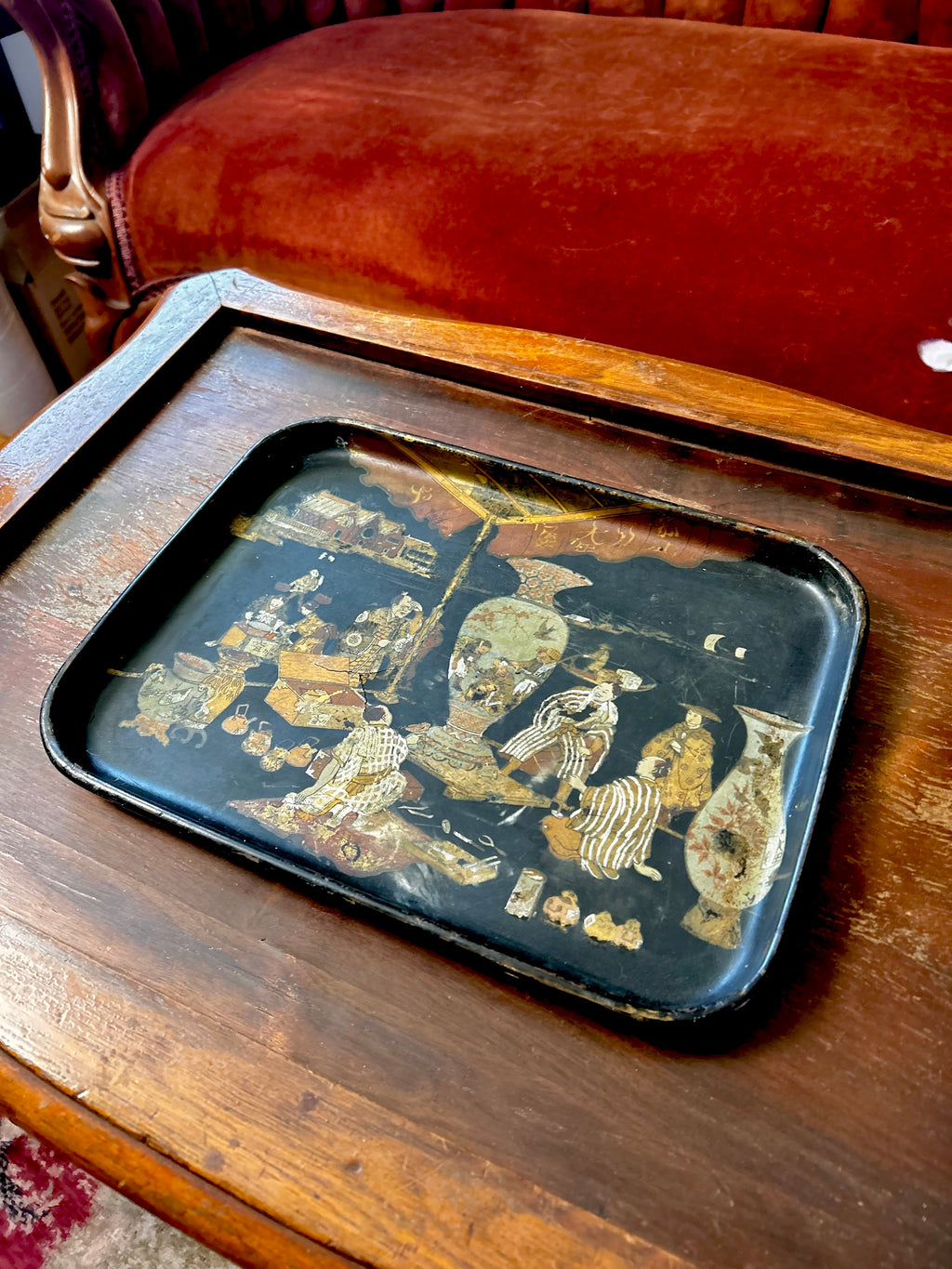 Antique 19th Century English Papier Mache Tray Chinoiserie Motif