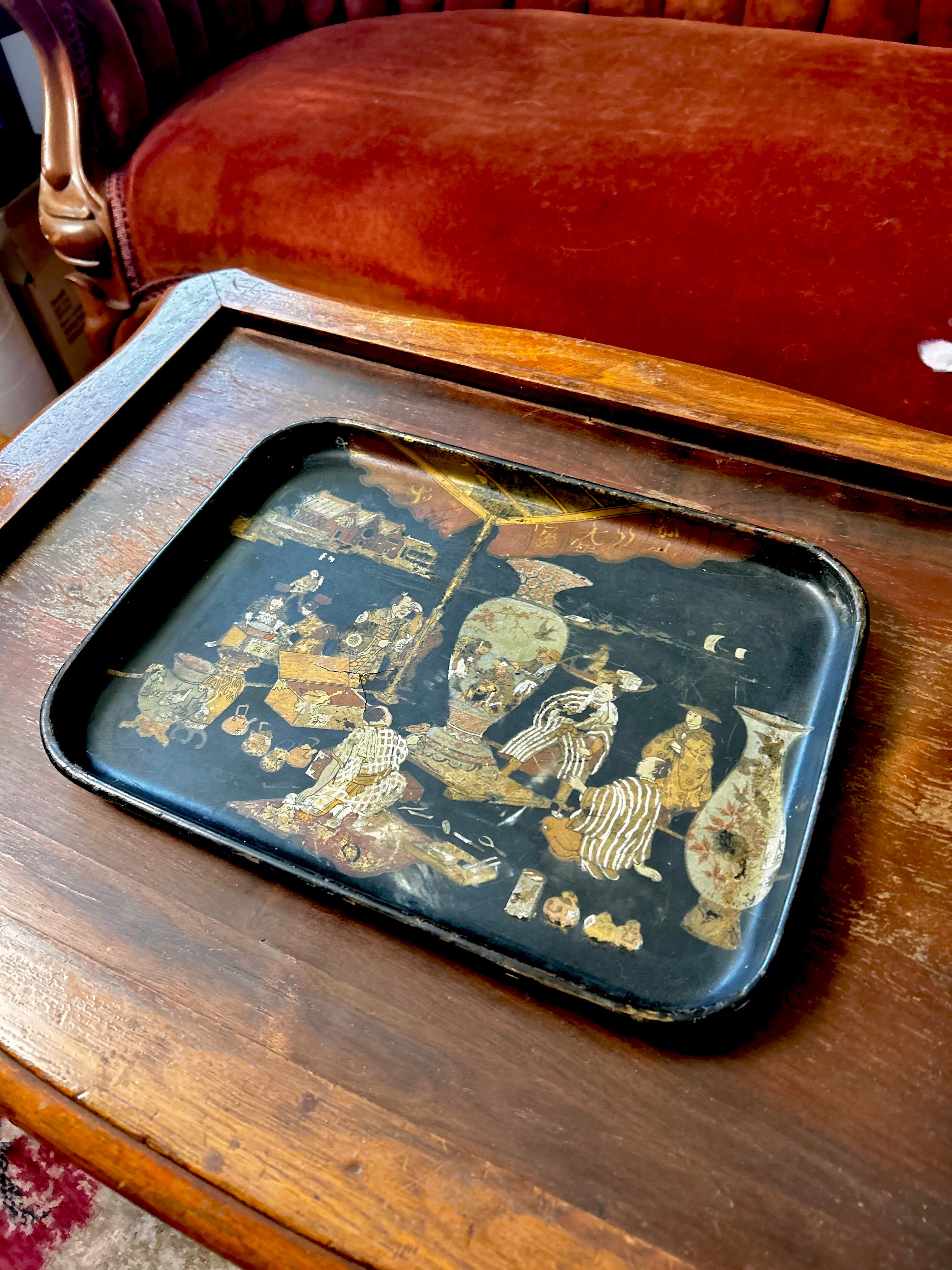 Antique 19th Century English Papier Mache Tray Chinoiserie Motif