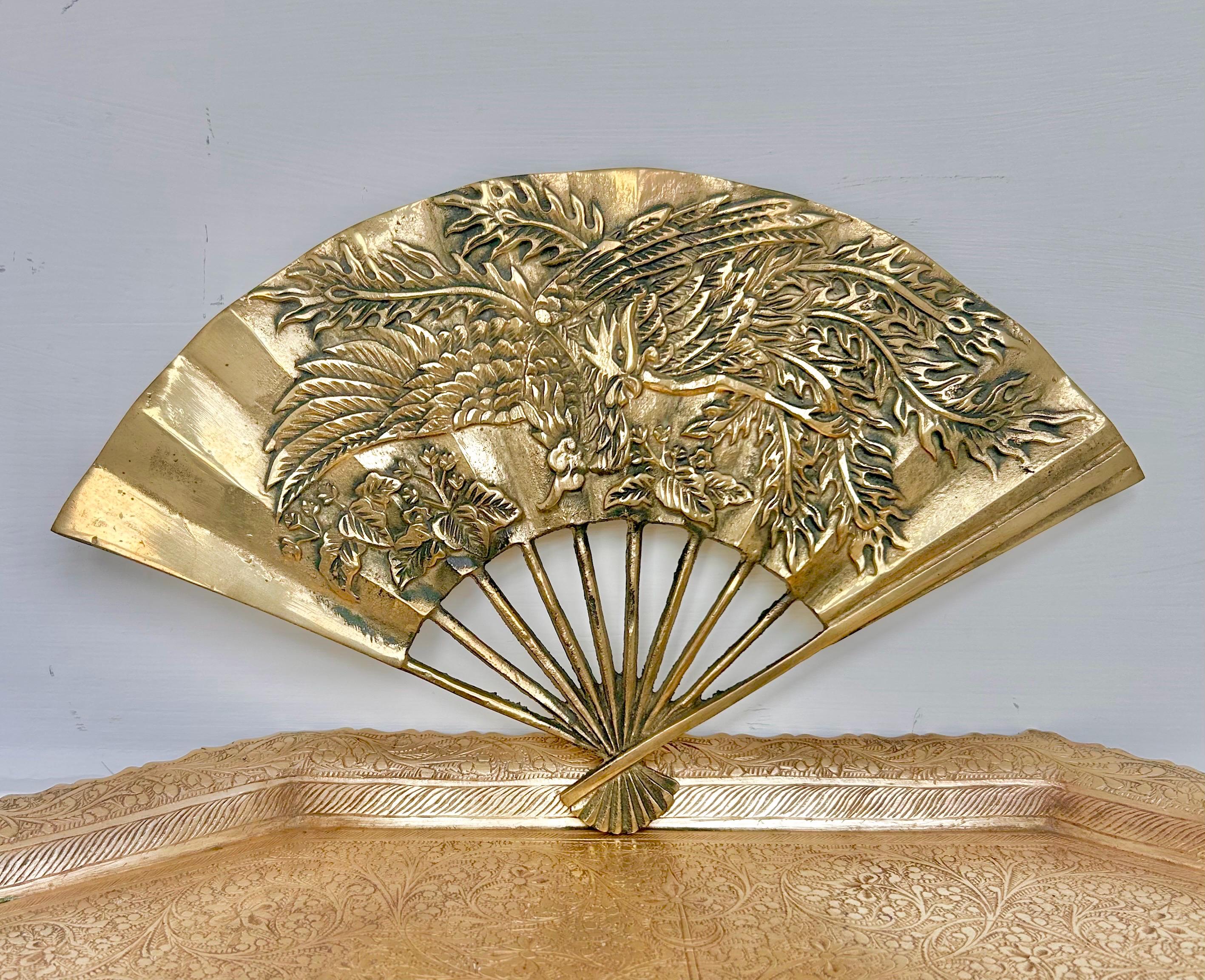 Vintage Solid Brass Wall Decor or Trivet- Open Fan with Phoenix or Dragon Relief