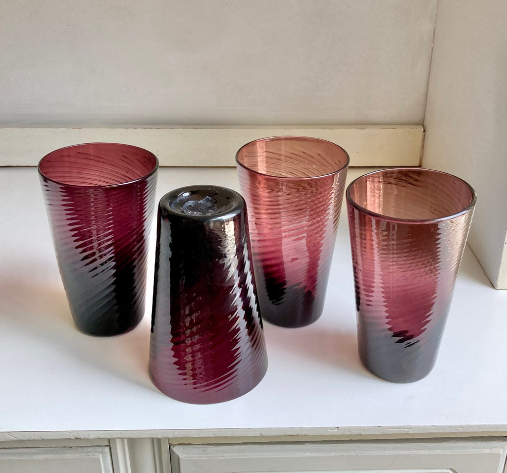 Vintage Hand Blown Amethyst Swirl Glass Tumblers - Set of 4