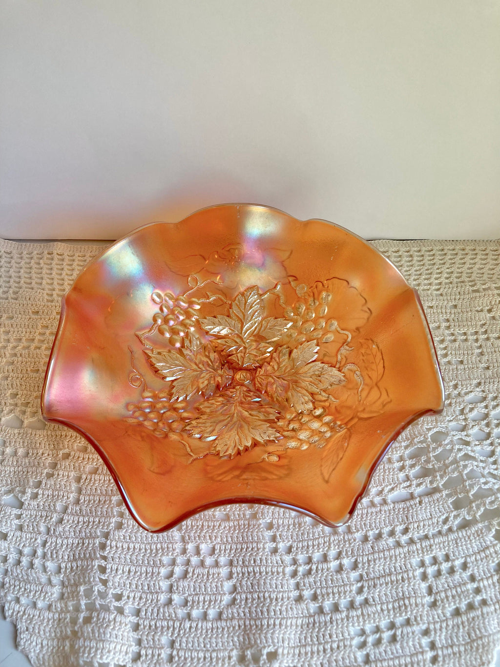 Antique Northwood Marigold Carnival Glass Ruffled Bowl: Grape Cable & Blossom Palm, c. 1910