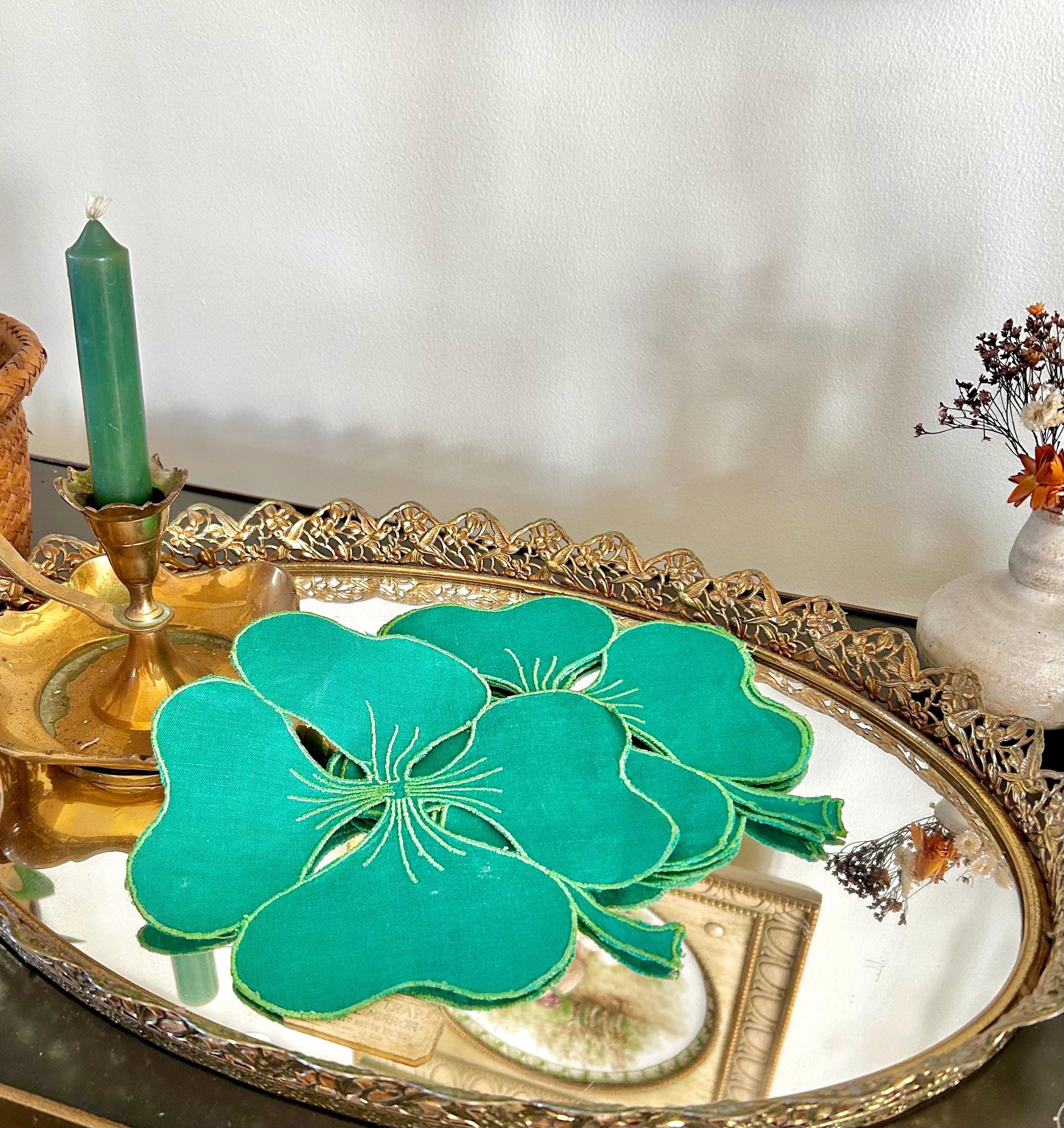 Vintage Hand Stitched Linen Shamrock Coasters in Emerald Green Set of 4