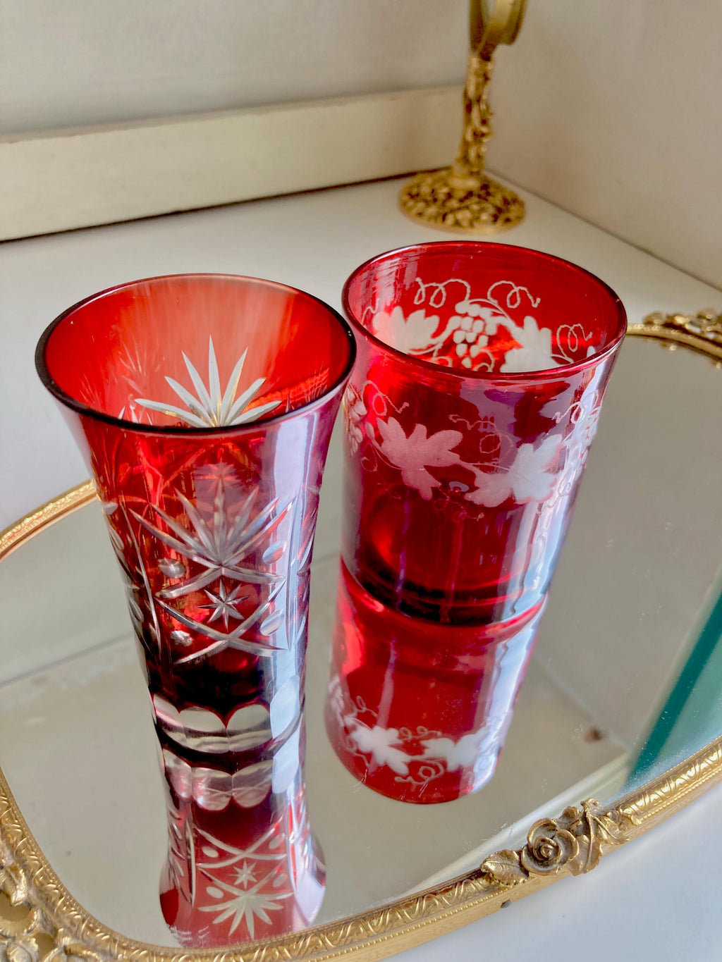Vintage Ruby Red Flashed Etched/Cut-to-Clear Bohemian Glasses-choose from 2