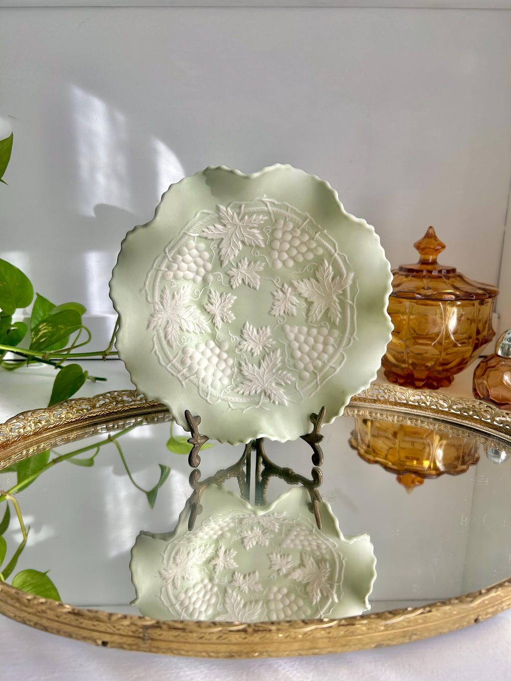 Vintage Bisque Ruffled Bowl: Pale Green Grape Vine Pattern