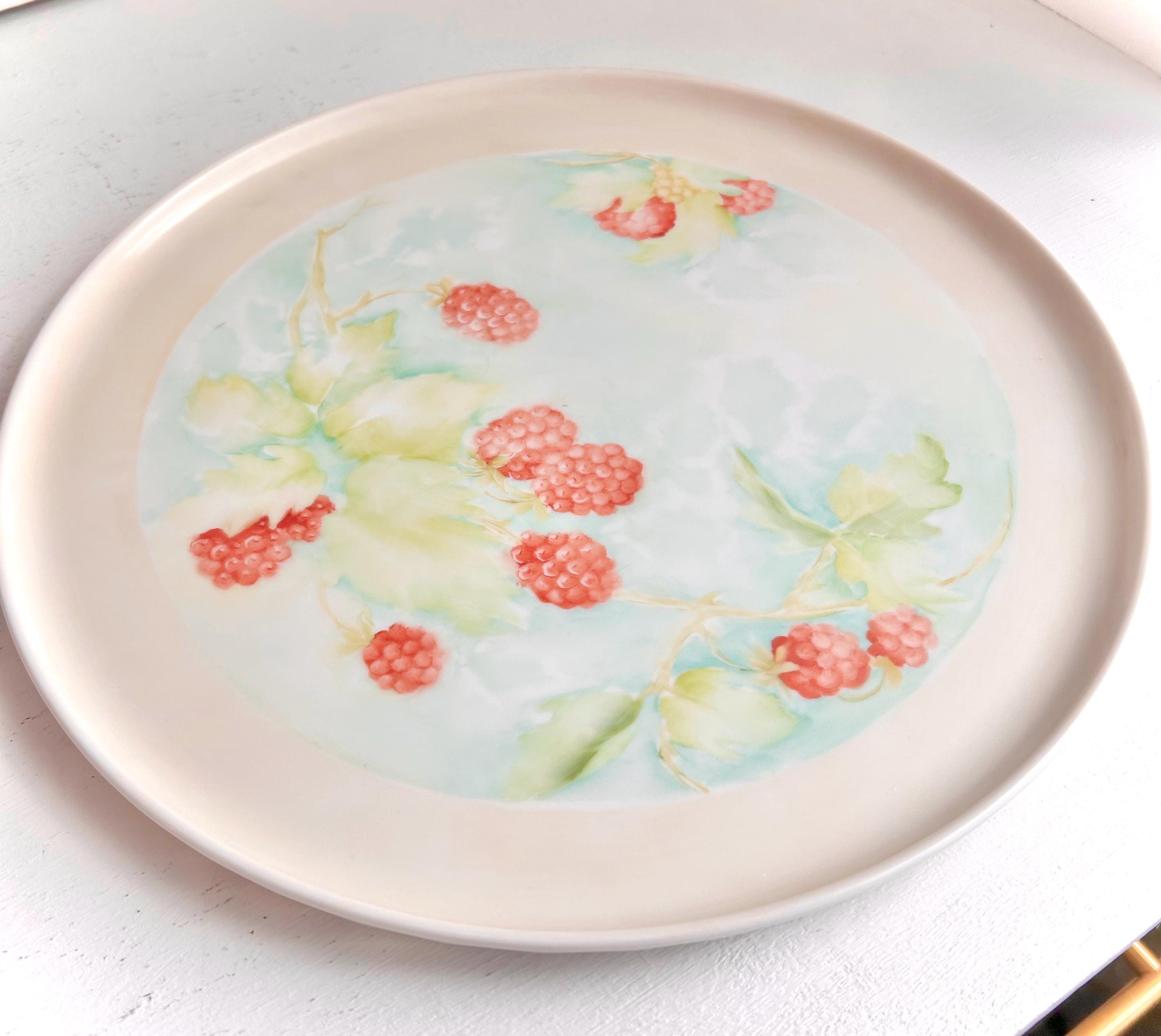 Vintage Hand-Painted Ceramic Cake Plate: Raspberry Branch Design, 11"