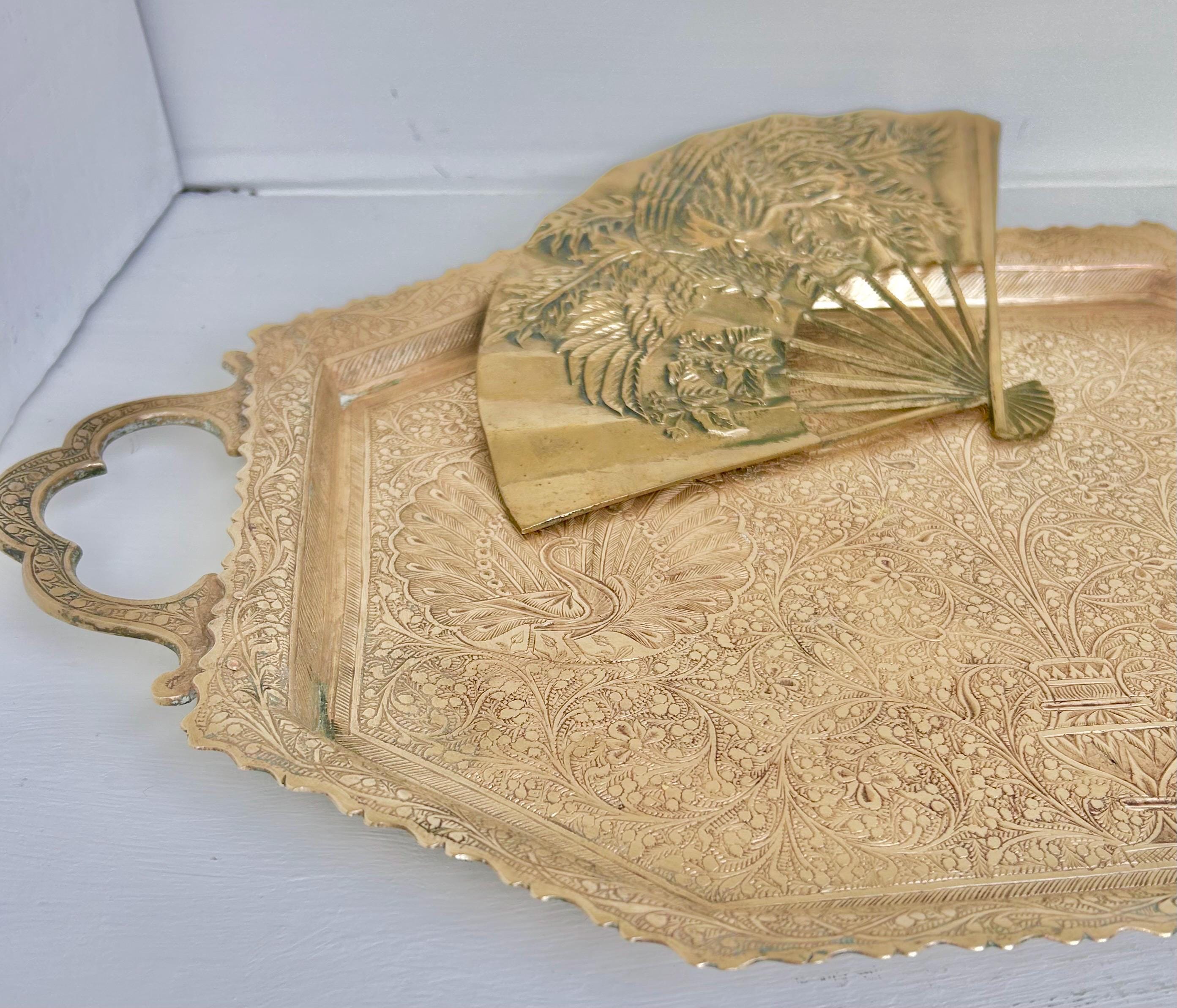Vintage Solid Brass Wall Decor or Trivet- Open Fan with Phoenix or Dragon Relief