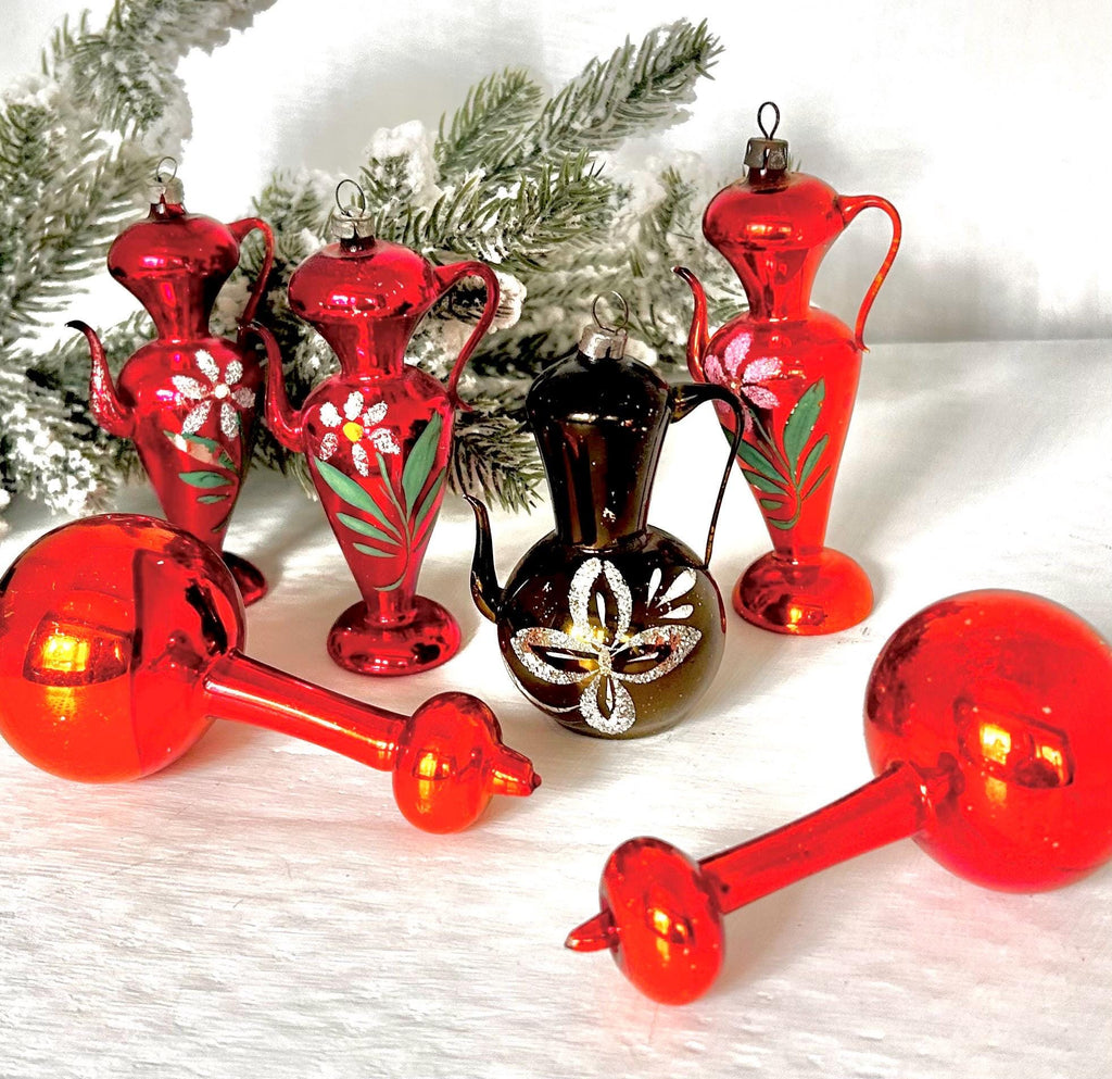 Vintage Handmade Glass Christmas Ornaments Hand Painted Teapots & Drop Bulbs