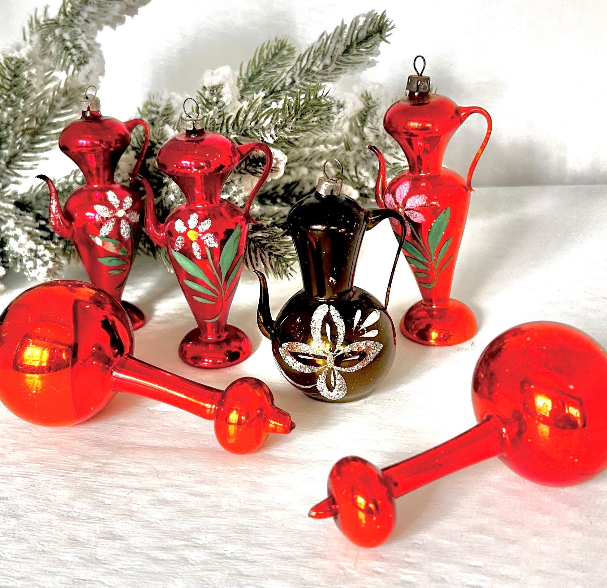 Vintage Handmade Glass Christmas Ornaments Hand Painted Teapots & Drop Bulbs