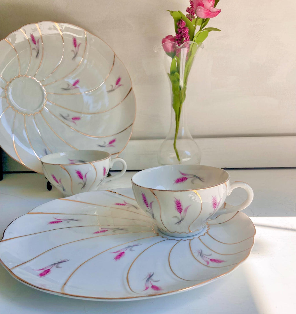 Vintage Yamaka Japan Porcelain Snack Set: Pink Wheat & Gold