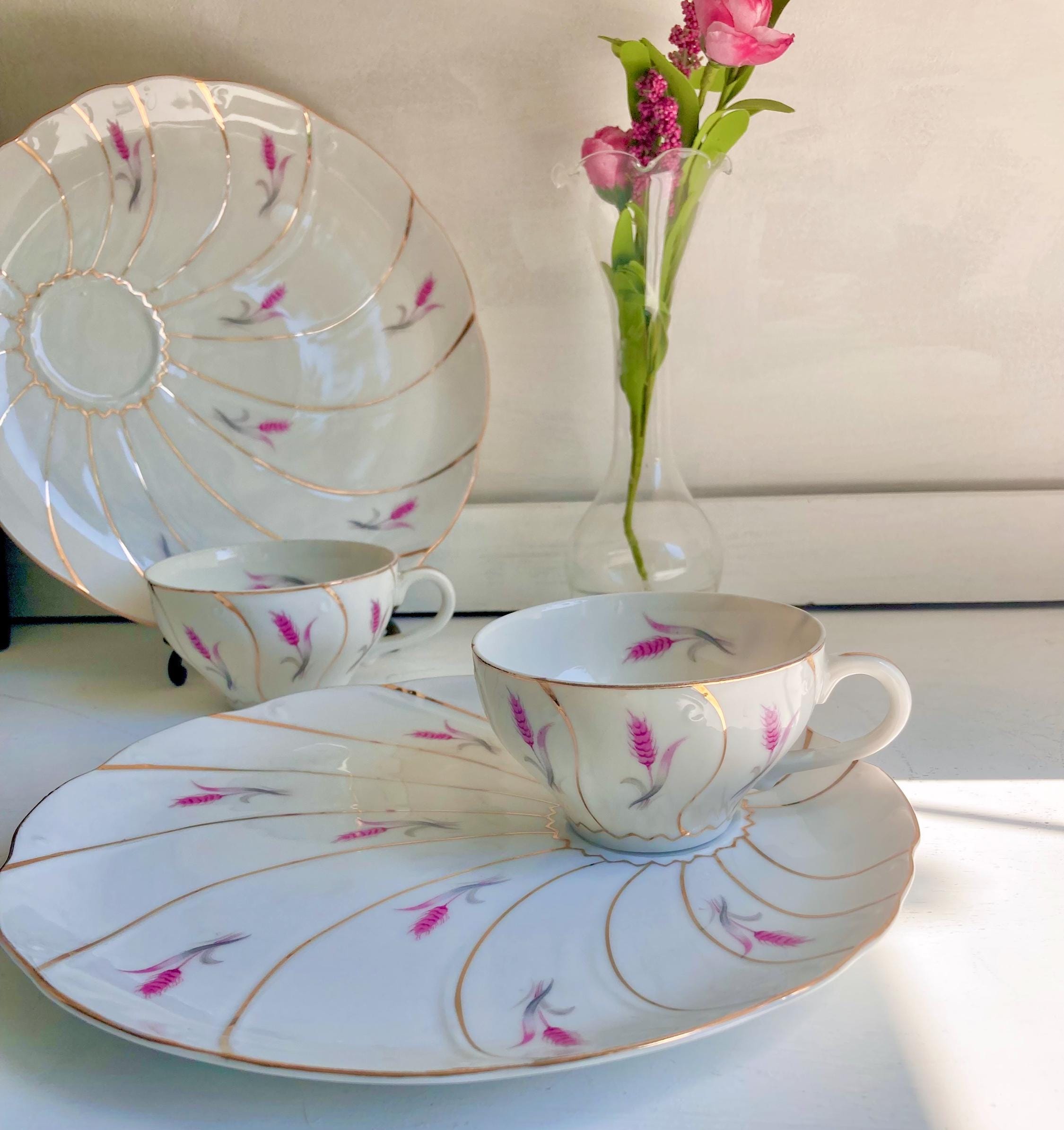 Vintage Yamaka Japan Porcelain Snack Set: Pink Wheat & Gold