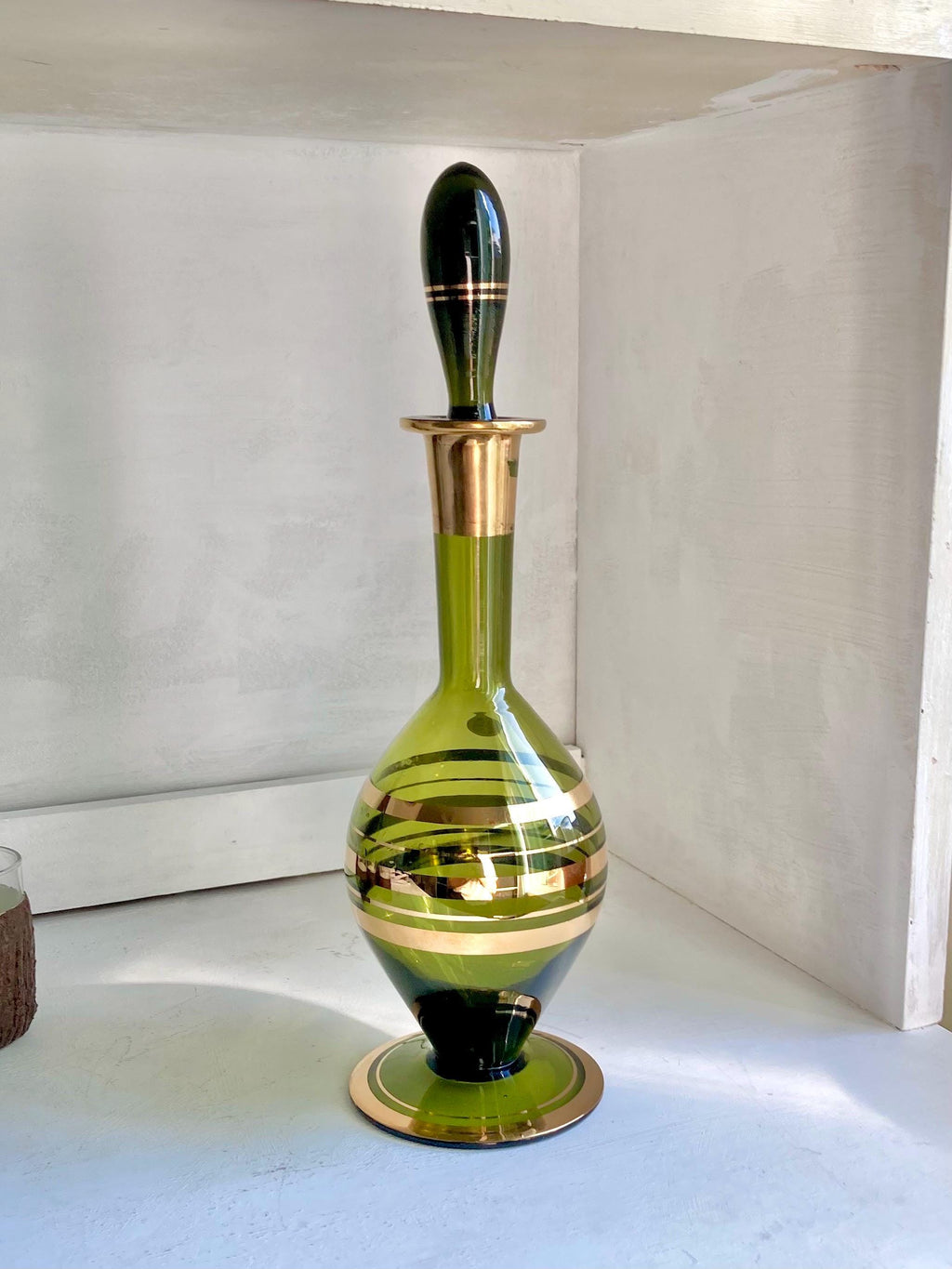 Vintage Blown Green Glass Decanter: Teardrop Stopper, Gold Trim