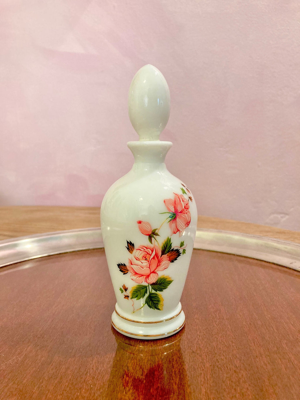 Vintage Waltersperger Milk Glass Perfume Bottle: Floral Appliqué, France