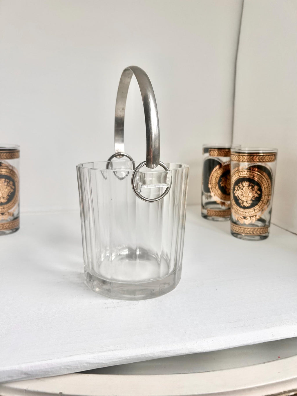 Vintage Paneled Glass Ice Bucket: Stainless Steel Handle Cocktail Serving Pail