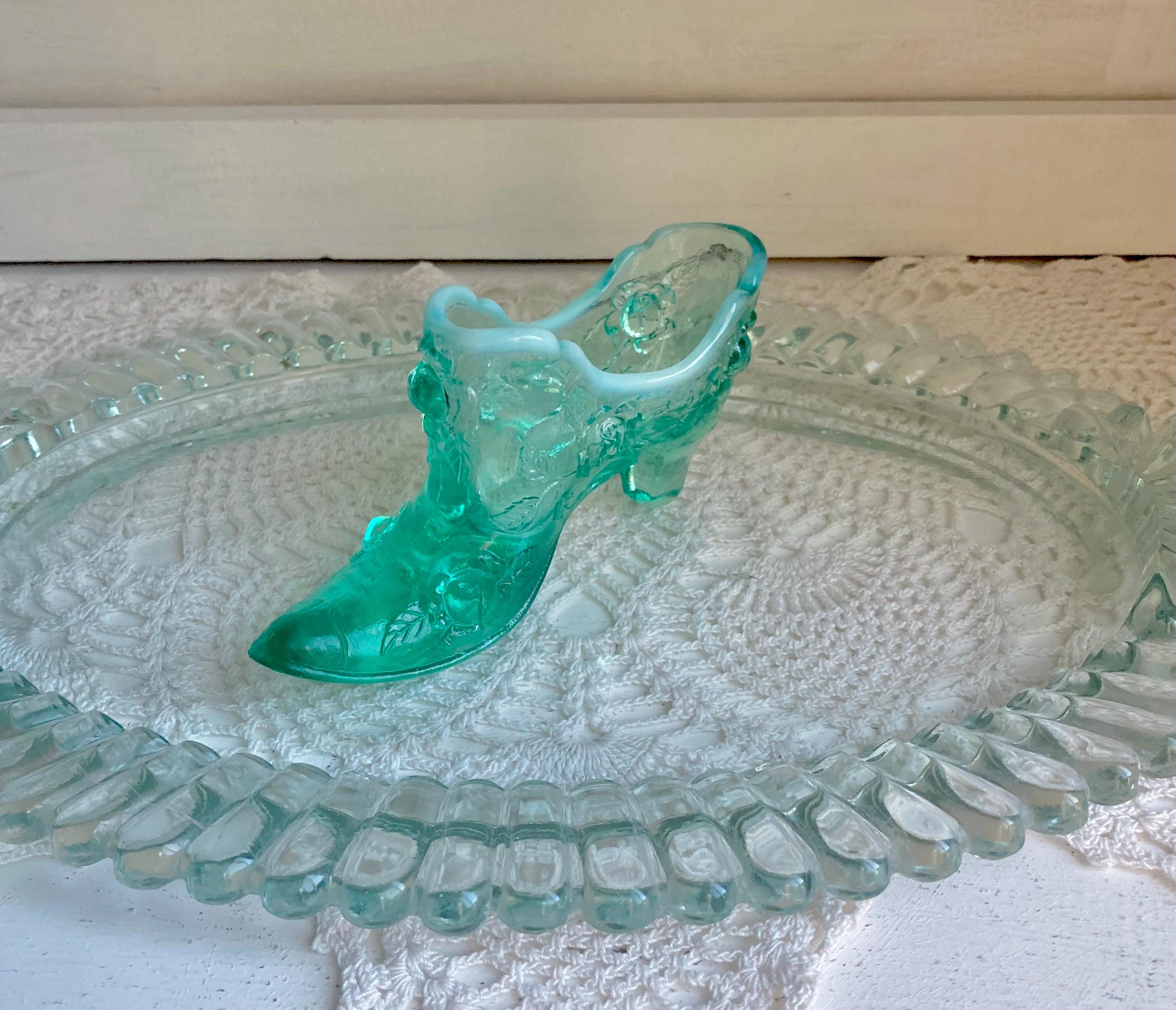 Vintage Aqua Blue Glass Ruffled Tray