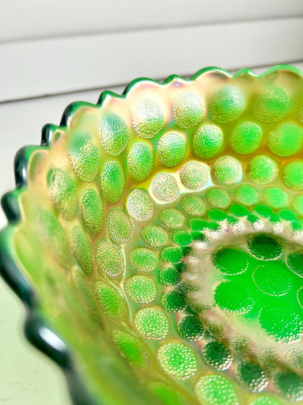 Vintage Fenton Emerald Carnival Glass Bowl: Coin Dot Pattern, Sawtooth Rim