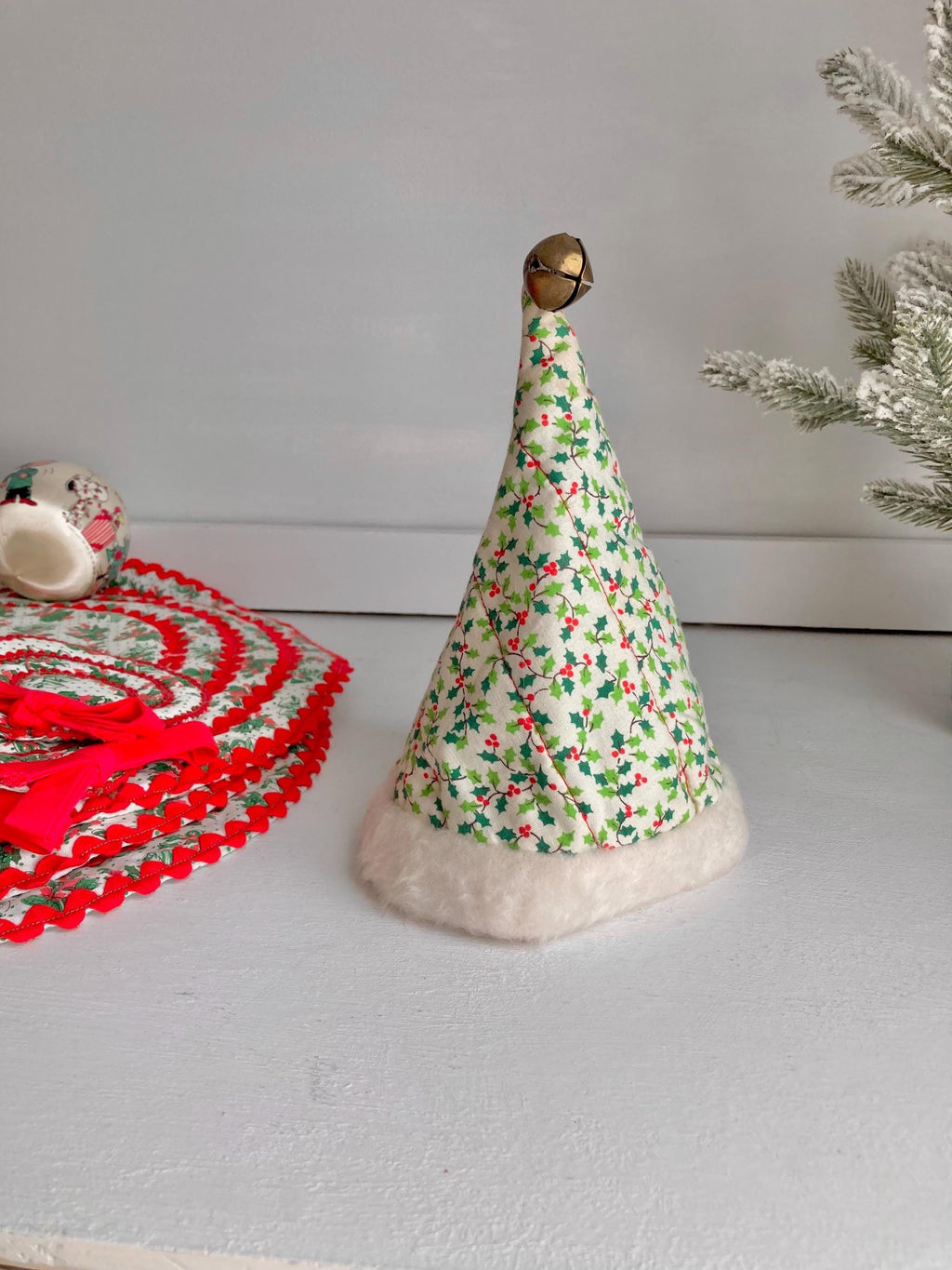 Vintage Mini Quilted Christmas Cap: Faux Fur Lined Santa Hat with Brass Bell