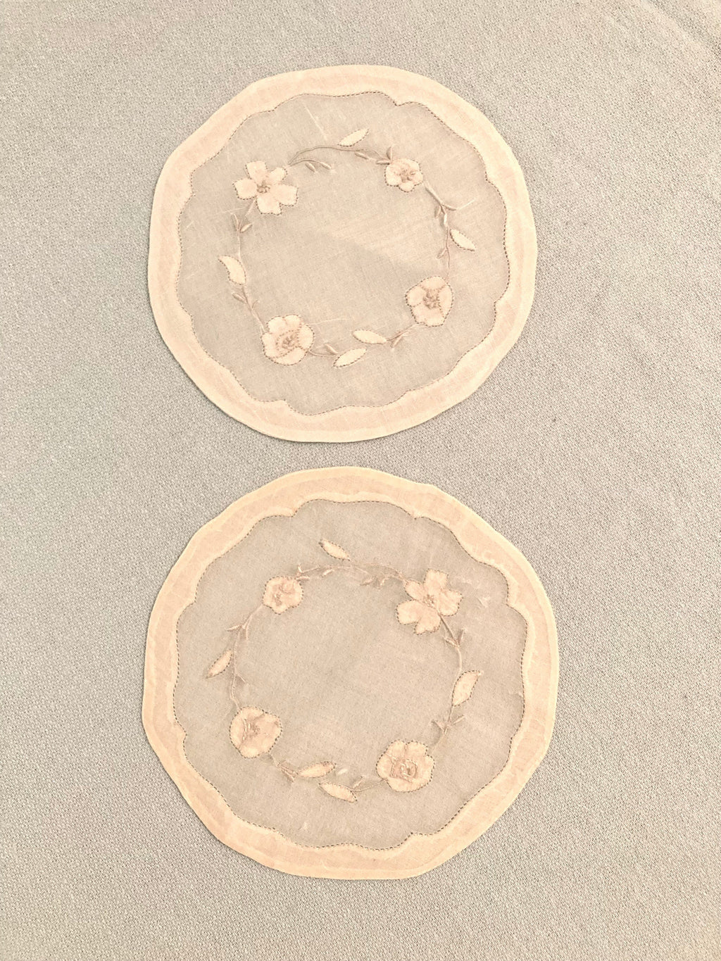 Madeira Linen/Organdy Ecru Hand-stitched Floral Cocktail Rounds - Set of 2