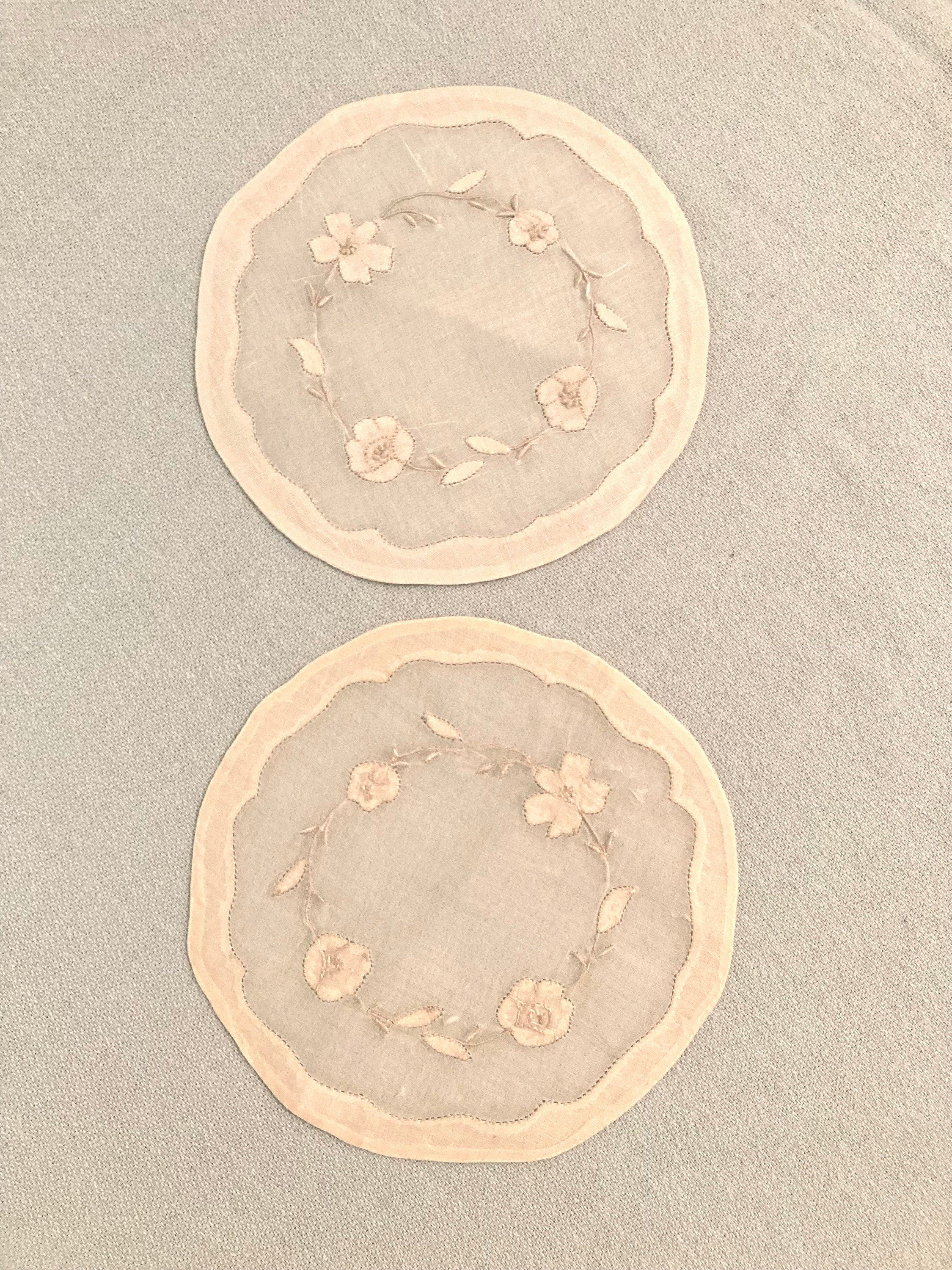 Madeira Linen/Organdy Ecru Hand-stitched Floral Cocktail Rounds - Set of 2