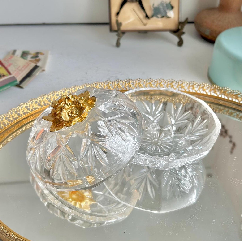 Vintage Italian Cut Crystal Trinket Dish: Gilt Floral Handle